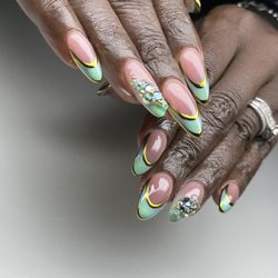Funkicold Nails - Aura French with chrome outline and crystal accent