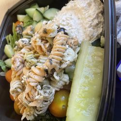 Chicken Salad Chick - Garden Salad w/ pasta salad and a scoop of Dixie Chick and Barbie-Q