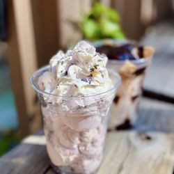 Log Cabin Ice Cream & Coffee - Lavender sundae, s'mores sundae