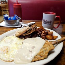 Jolene's Country Kitchen - Chicken Fired steak, eggs medium, home fies, english muffin, and coffee.