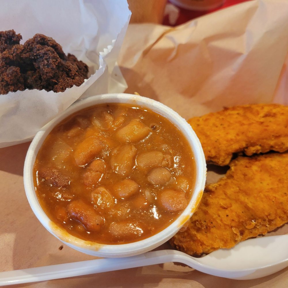 Cowboy Burgers & BBQ - Kids chicken tenders, baked beans and a tasty brownie.   Must have - Burgers Near Me - Riverside, California