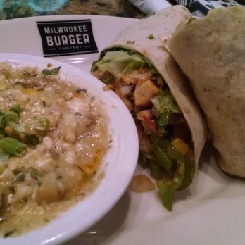 Milwaukee Burger Company - Fajita wrap w/ warm blue cheese potato salad. YUM! YUM! YUM! - Burgers Near Me - Appleton, Wisconsin