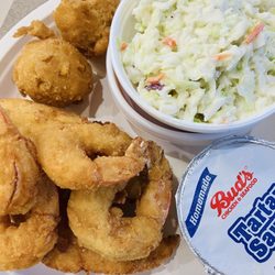 Bud's Chicken and Seafood - Shrimp and fish combo with slaw and beans...