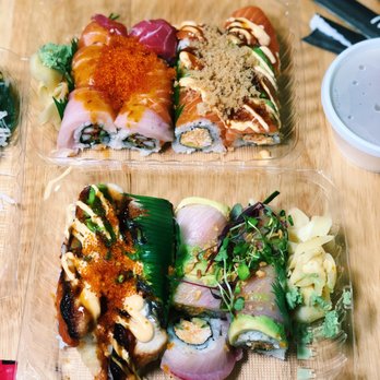 Ginza Sushi - Top left to right: Johnny Roll and Crazy Mango Roll. Bottom left to right: Spicy Dragon and Hamachi Delight | instagram: @cyntheats - Sushi Bars Near Me - San Jose, California
