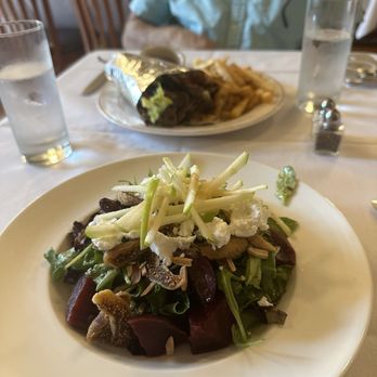 EVOO & Lemon - Beef & Lamb gyro in the back, Signature Salad in front. - Mediterranean Near Me - Millburn, New Jersey