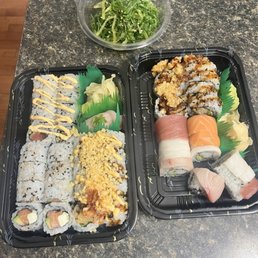 Yellow Tail Hamachi, Spider Roll, Spicy Tuna Roll, Seaweed Salad, Shrimp Tempura, Rainbow Roll, and Philly Salmon Roll