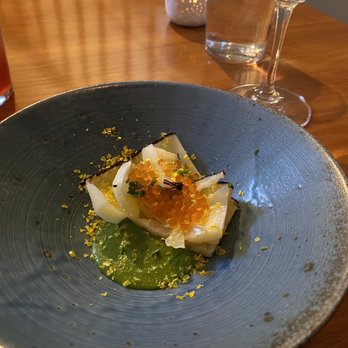 Field & Main Restaurant - Charred cabbage with green sauce, curred egg yolk, pickled trout roe, and garlic chive - Seafood Near Me - Marshall, Virginia
