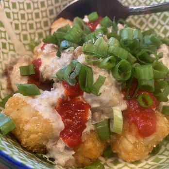 Be More Pacific - Longanisa Tots (loaded tater tots, topped with crumbled longanisa sausage gravy & banana ketchup) - Filipino Near Me - Houston, Texas