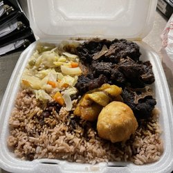 Three Little Birds Jamaican Food - Oxtail Cabbage Fried Plantains  Beans and rice and a roll