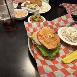 The Red Onion - Classic burger, okdra, potato salad, catfish