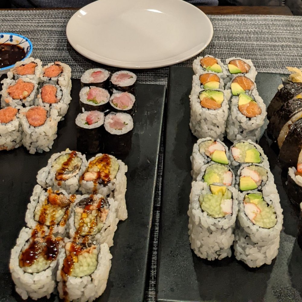 Sake Kawa - Spicy tuna, yellowtail, salmon avocado, eel cucumber, California, and futo maki rolls. Not a lot of fish, LOTS of julienned cucumber - Sushi Bars Near Me - Astoria, New York Sake Kawa - Spicy tuna, yellowtail, salmon avocado, eel cucumber, California, and futo maki rolls. Not a lot of fish, LOTS of julienned cucumber - Sushi Bars Near Me - Astoria, New York