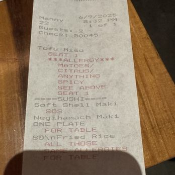 Morimoto Napa - Ticket with wrong order and inaccurate allergies - Japanese Near Me - Napa, California