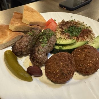 Jerusalem Market On Elm - His plate Falafel Kifta Baba Ganoush thick pita - Mediterranean Near Me - Greensboro, North Carolina Jerusalem Market On Elm - His plate Falafel Kifta Baba Ganoush thick pita - Mediterranean Near Me - Greensboro, North Carolina