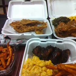 Smothered Chicken, catfish. jerk chicken wings, collards.