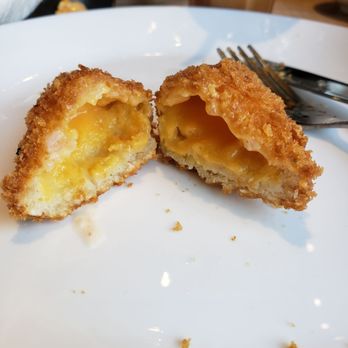 Cafe De Hong Kong - Shrimp Toast with Molten Salted Egg Yolk  (Can you see the shrimp? Pst theres a tiny shrimp on the left but thats all you get!) - Hong Kong Style Cafe Near Me - Markham, Ontario