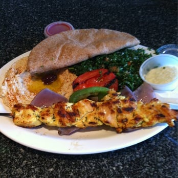 Petit Café - chicken kabob with hummus and tabblouli - Greek Near Me - El Segundo, California Petit Café - chicken kabob with hummus and tabblouli - Greek Near Me - El Segundo, California