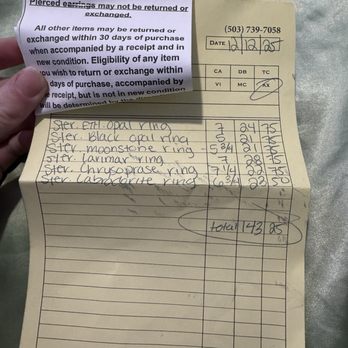 Molly Morgan - Receipt with 30 day return or exchange policy, ring stone names, sizes and prices. $143 for 6 high quality rings is such a steal!! - Jewelry Near Me - Seaside, Oregon