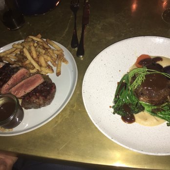 Eberly - Steak (under-seasoned) & frites (cold) and short rib with broccolini - Bars Near Me - Austin, Texas Eberly - Steak (under-seasoned) & frites (cold) and short rib with broccolini - Bars Near Me - Austin, Texas