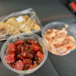 Konohiki Seafoods - Ahi Shoyu Poke, spicy shrimp and gyoza