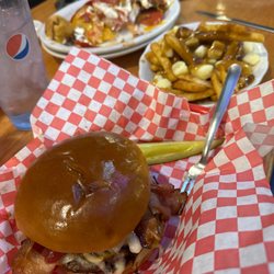 Hobie's Sports Den - Cheddar cheese burger, and poutine