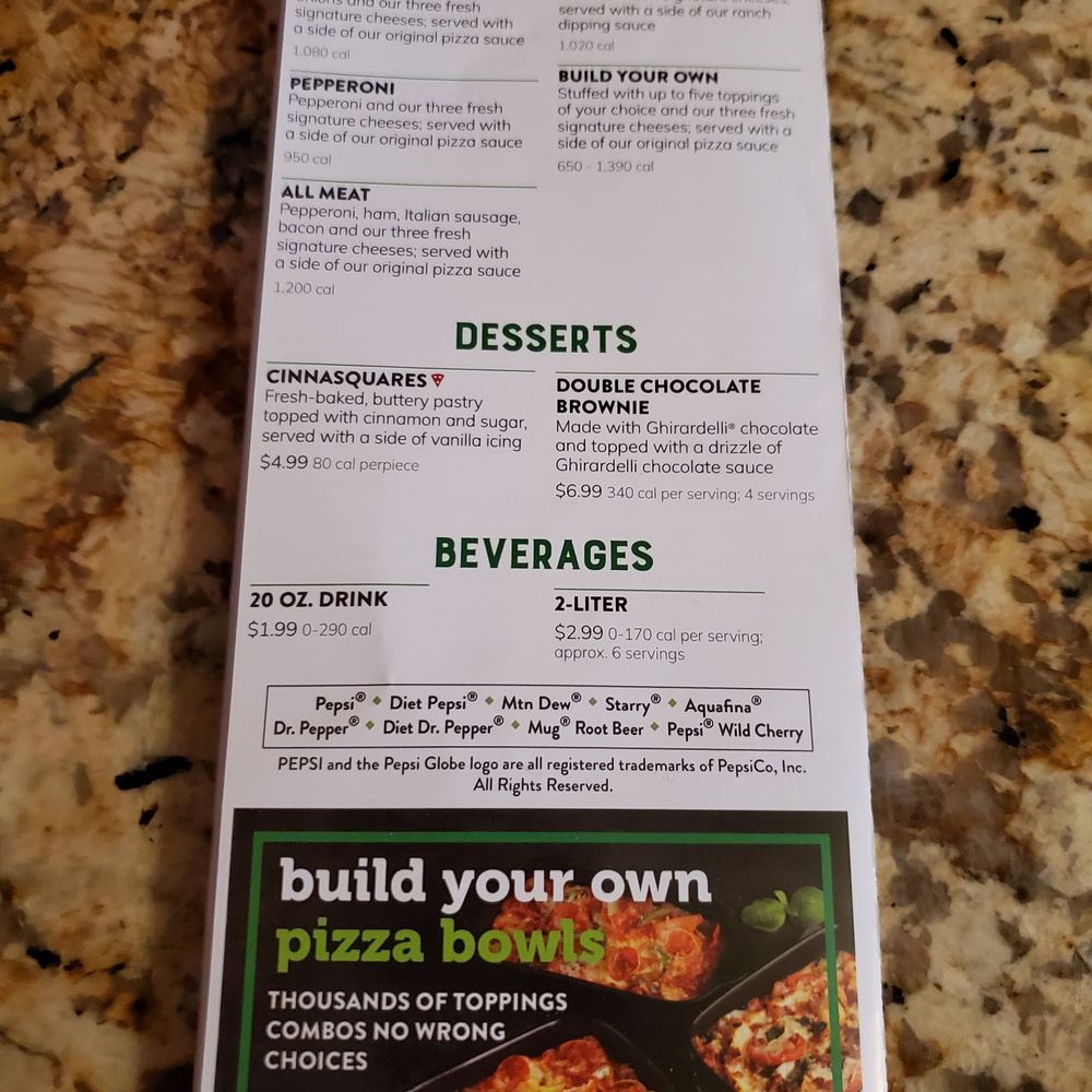 Marco's Pizza - Back of Menu with Calzones, Desserts and Pepsi Beverages at Marco's Pizza. 1/5/2024 - Pizza Near Me - Shelby Township, Michigan Marco's Pizza - Back of Menu with Calzones, Desserts and Pepsi Beverages at Marco's Pizza. 1/5/2024 - Pizza Near Me - Shelby Township, Michigan