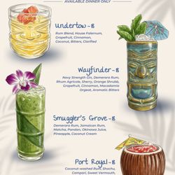 Tropical cocktails crafted with house-made ingredients, premium spirits, and island-inspired flavors. Available during dinner only.