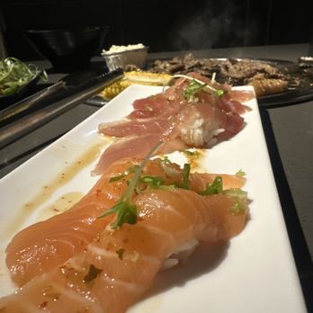 Hwaro - Garlic salmon and garlic tuna nigiri - Korean Near Me - Las Vegas, Nevada