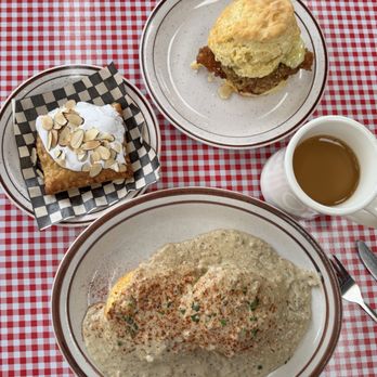Pine State Biscuits - Almond Strawberry Pop Tart, the McIsley, and Biscuits and Sausage Gravy - Breakfast & Brunch Near Me - Portland, Oregon