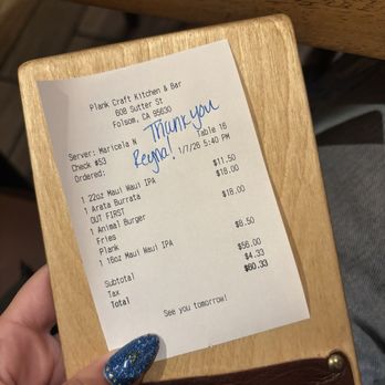 Plank Craft Kitchen & Bar - Nice message on my check! - American Near Me - Folsom, California Plank Craft Kitchen & Bar - Nice message on my check! - American Near Me - Folsom, California