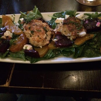 The Local - Seven Day Feature - Salmon Cakes (similar to crab cakes) on spinach & beets. Loved it! - Irish Pub Near Me - Minneapolis, Minnesota
