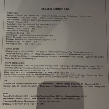 Eebee's Corner Bar - Drink Menu, Jan 2026 - Beer Bar Near Me - Washington, DC, District of Columbia