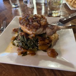 Perfect chop with pimento mashed potatoes and collards. Perfect chop with pimento mashed potatoes and collards.