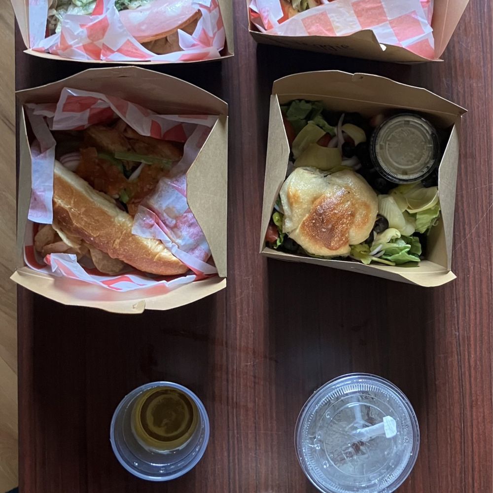 Valentino's Pizza - Top row 1/2 Spicy Mortadella, 1/2 Veggie Sub. 2nd row 1/2 Feature Sub (Fried Green Tomato), Greek salad, real sugar lemon up 26APR26 - Pizza Near Me - San Marcos, Texas