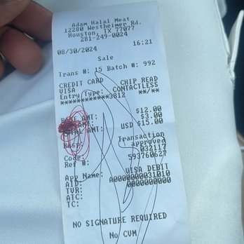 Adam Halal Grill - I bought Goat Biryani and they gave a receipt like this they scratched at the item place and let show only the price is this right way - Halal Near Me - Houston, Texas Adam Halal Grill - I bought Goat Biryani and they gave a receipt like this they scratched at the item place and let show only the price is this right way - Halal Near Me - Houston, Texas