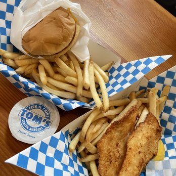 Tom's Fish N Chips - 2 piece fish with fries and a classic hamburger - Burgers Near Me - Cannon Beach, Oregon Tom's Fish N Chips - 2 piece fish with fries and a classic hamburger - Burgers Near Me - Cannon Beach, Oregon