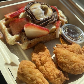 Little Gem Belgian Waffles - 15. Gempire State Of Mind with chicken tenders. - Desserts Near Me - Berkeley, California Little Gem Belgian Waffles - 15. Gempire State Of Mind with chicken tenders. - Desserts Near Me - Berkeley, California