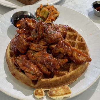 Sisters & Co - Gochujang Chicken & Waffles ($22) - Breakfast & Brunch Near Me - Markham, Ontario Sisters & Co - Gochujang Chicken & Waffles ($22) - Breakfast & Brunch Near Me - Markham, Ontario