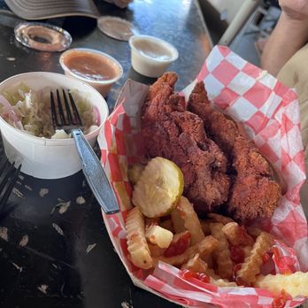 Little Lou's Hot Chicken - 3 piece tenders plus fries, partially eaten (ooops').  Slaw to the left. - Chicken Shop Near Me - Berkley, Michigan