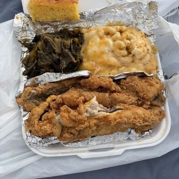 Keeboom’s Kitchen - Fried fish, collard greens and Mac n cheez.. cornbread.. poppin! - Soul Food Near Me - Philadelphia, Pennsylvania