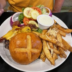 The Grill at River City - Bacon burger with lettuce and onion.  Garlic Parmesan fries on the side