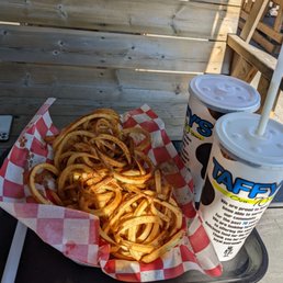 Curly fries with Cajun seasoning. Fruity Explosion and Cotton Candy/Marshmallow milkshake. So far so good.