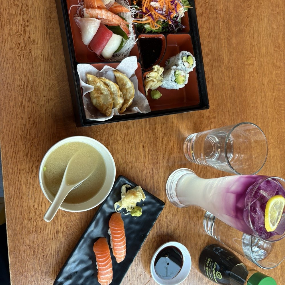 Sashimi Bento Box Lunch, Butterfly Pea & Lemon, salmon nigiri, Sashimi Bento Box Lunch, Butterfly Pea & Lemon, salmon nigiri,