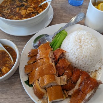 HK BBQ House - Combination plate with sauce chicken and roasted duck, hot and sour soup, lemon honey tea. - Cantonese Near Me - Riverside, California HK BBQ House - Combination plate with sauce chicken and roasted duck, hot and sour soup, lemon honey tea. - Cantonese Near Me - Riverside, California