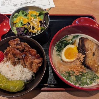Ramen-San Deluxe - Express lunch with salad, cucumbers, karaage chicken nuggets and tonkotsu ramen - Ramen Near Me - Chicago, Illinois Ramen-San Deluxe - Express lunch with salad, cucumbers, karaage chicken nuggets and tonkotsu ramen - Ramen Near Me - Chicago, Illinois