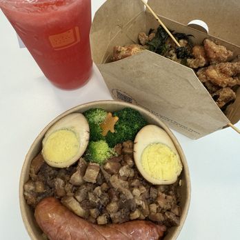 Orange Square - B09. Deluxe Braised Pork Rice Bowl, S02. Basil S&P Popcorn, and A33. Fresh Watermelon Juice - Taiwanese Near Me - Santa Clara, California Orange Square - B09. Deluxe Braised Pork Rice Bowl, S02. Basil S&P Popcorn, and A33. Fresh Watermelon Juice - Taiwanese Near Me - Santa Clara, California