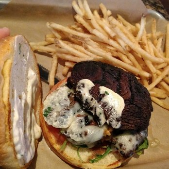 BJ's Restaurant & Brewhouse - Portobello Swiss Burger with shoestring fries - New American Near Me - Tuttle, Ohio BJ's Restaurant & Brewhouse - Portobello Swiss Burger with shoestring fries - New American Near Me - Tuttle, Ohio