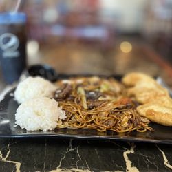 Riverside Mongolian Grill - My 50/50 Lamb/Beef combo with sweet and spicy sauces, sesame oil, and stuff.