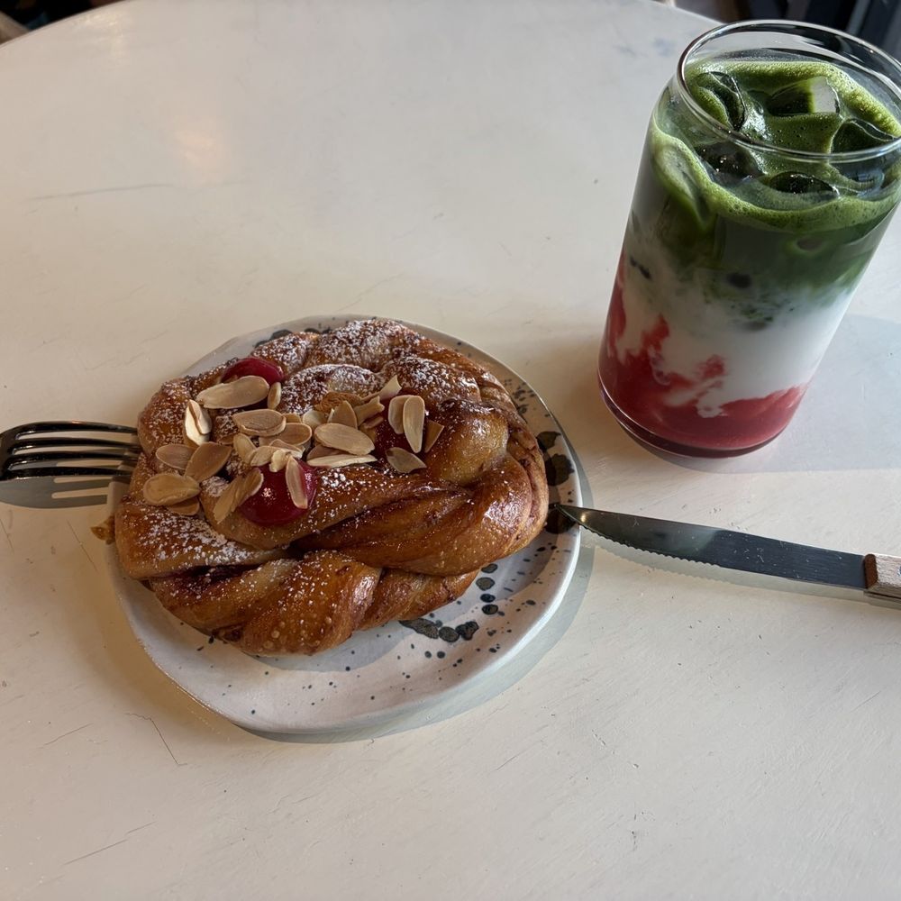 Chez Nous - Raspberry Babka and Raspberry Iced Matcha - Cafes Near Me - Vancouver, British Columbia