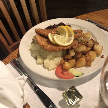 Cafe Old Vienna - Almond Chicken Schnitzel with Home Fries and Potato Salad - German Near Me - Myrtle Beach, South Carolina