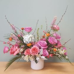 Celan Flowers & Gift Shop - Pink and purple garden roses, garden style arrangement in white vase (large arrangement)